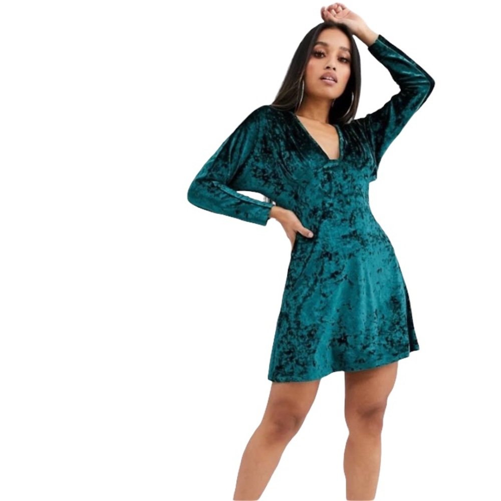 ASOS Long Sleeve Plunge Velvet Mini Dress-Green